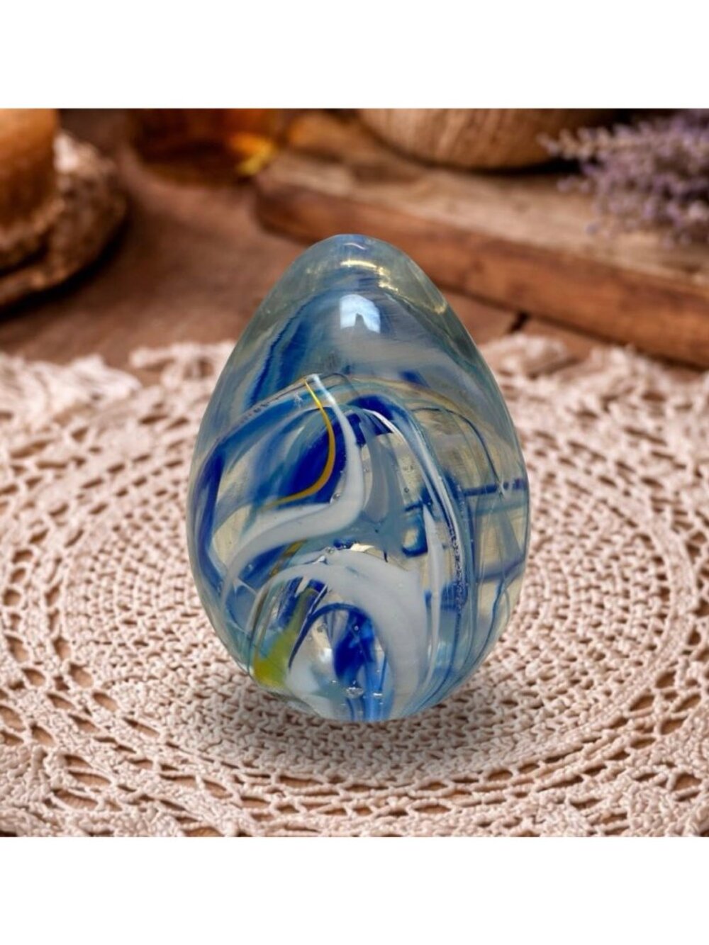 Wheaton Arts Village Egg Paperweight Blue White Ribbon Swirl - Picture 4 of 6
